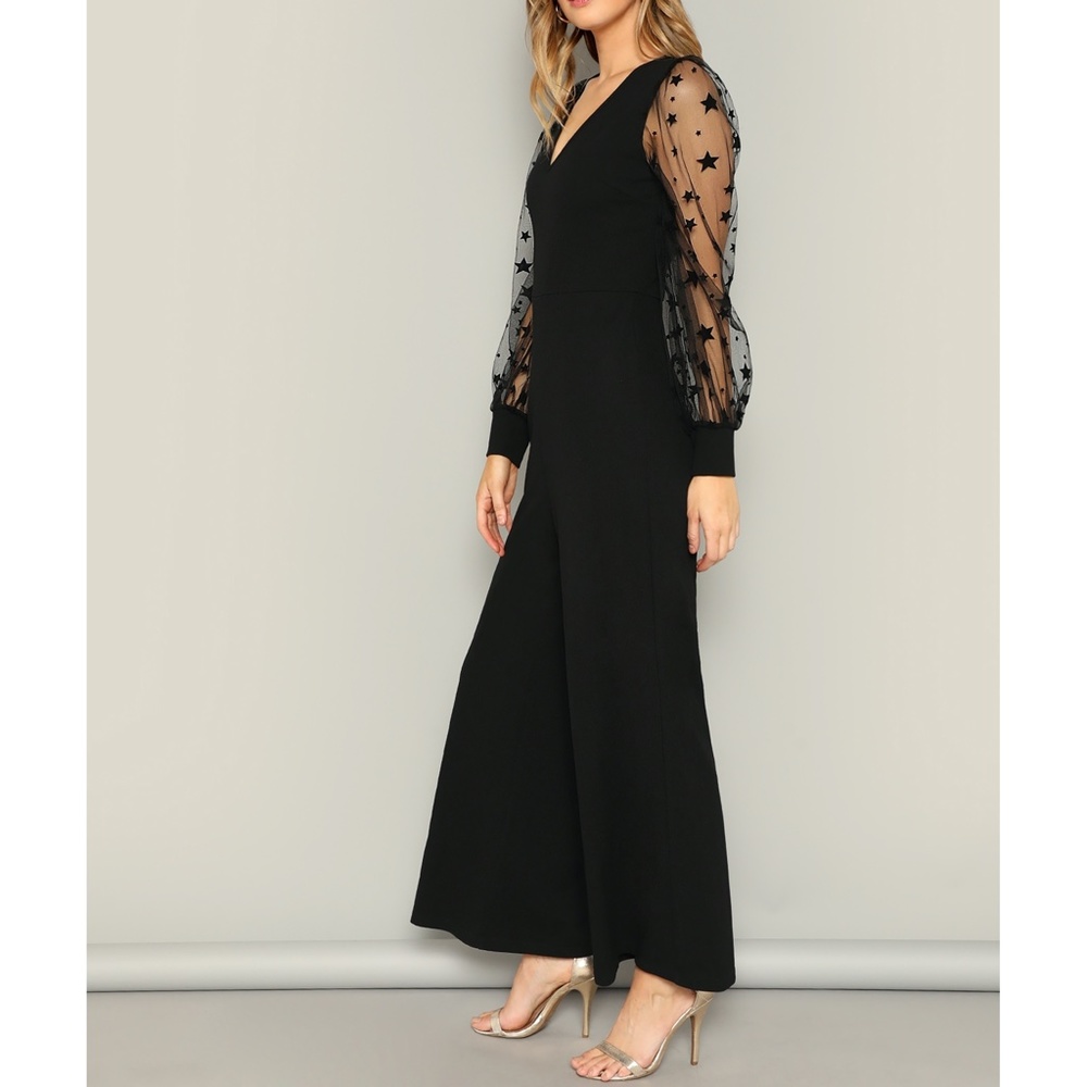 Black Mesh Star Print Sleeves Wide Leg Jumpsuit - Picture 4 of 7